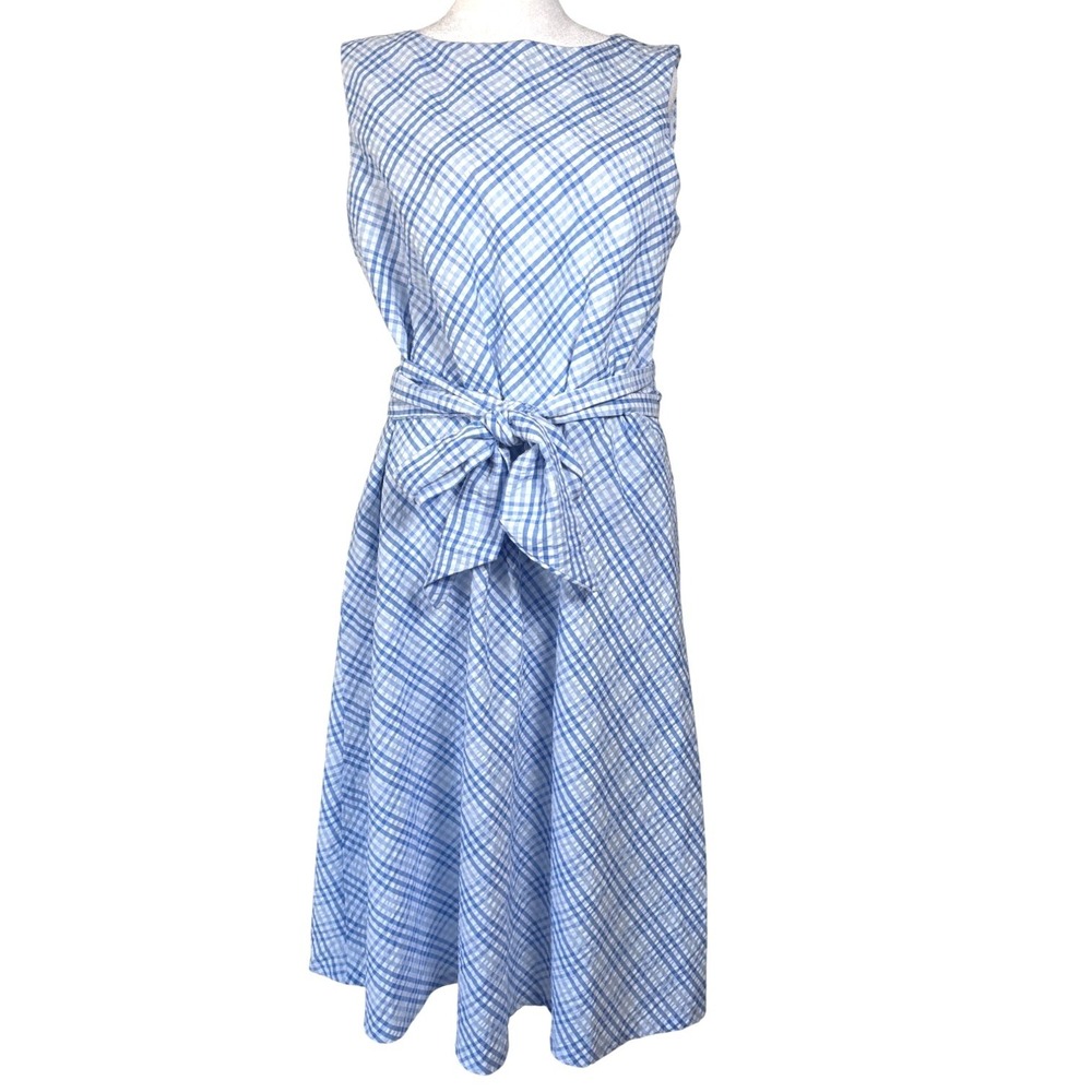 Anne Klein Dress Size 12 Seersucker Gingham Midi Sleeveless Belted Classic Blues